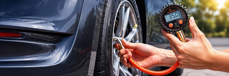 Checking car tire pressure with a digital gauge to verify air pump accuracy