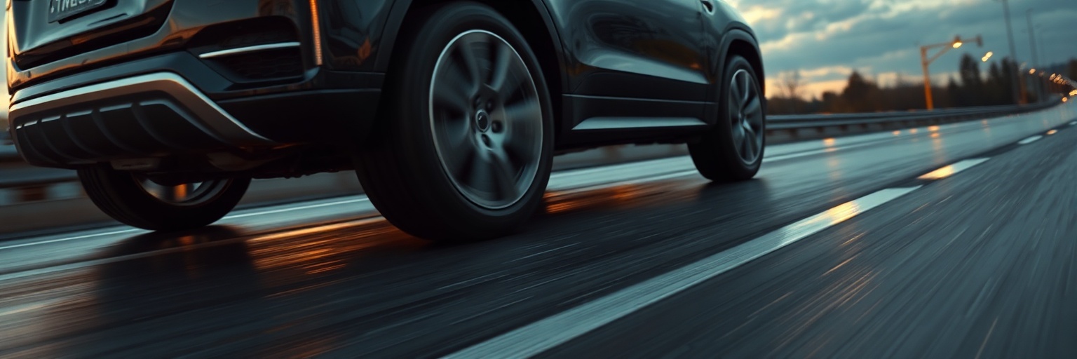 Close-up of car tires driving on a wet road, showing the importance of proper tire pressure for road grip and driving safety.