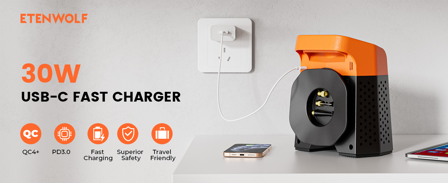 ETENWOLF 30W USB-C Fast Charger with QC4+ and PD3.0 support, travel-friendly design.