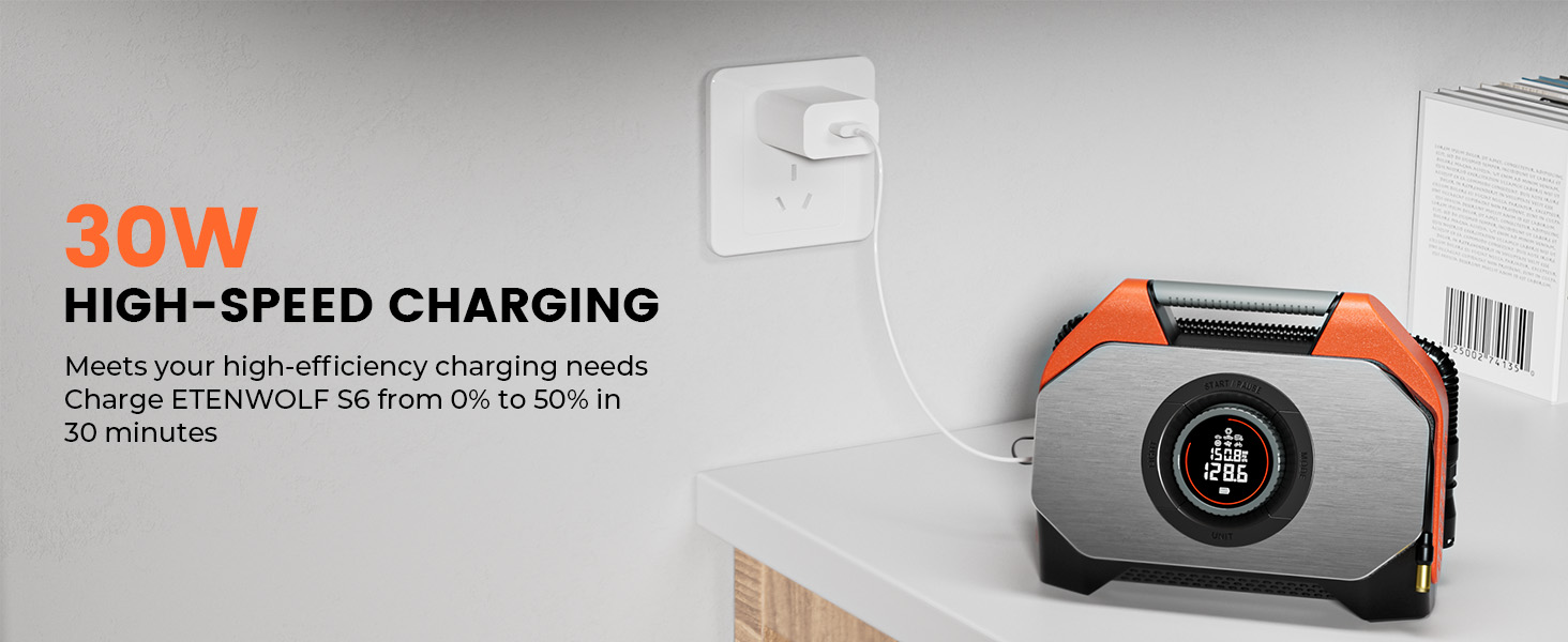 30W USB C high-speed wall charger compatible with ETENWOLF S6, iPhone 16 Pro, and tablets.