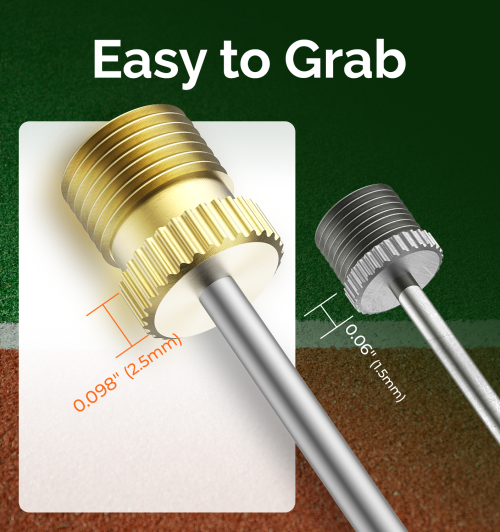 ETENWOLF A102 Easy to Grab Knurled Base Design Comparison of ETENWOLF ball needle with 2.5mm wider grip zone versus standard needle with only 1.5mm grip.