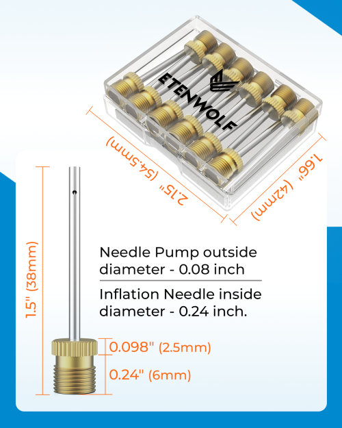 ETENWOLF A102 Ball Needle Dimensions & Storage Case Specs Dimension diagram of ETENWOLF A102 ball needle showing 1.5 inch length and 0.24 inch base diameter with storage case size 2.15 x 1.66 inches.