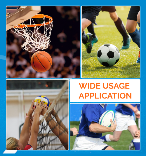 ETENWOLF A102 Wide Usage Application for Sports Balls Collage showing ETENWOLF ball pump needles used for basketball, soccer, volleyball, and rugby inflation.