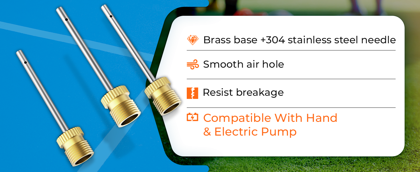 Feature list of ETENWOLF ball needles: Brass base with 304 stainless steel, smooth air hole, breakage resistant, and compatible with hand and electric pumps.