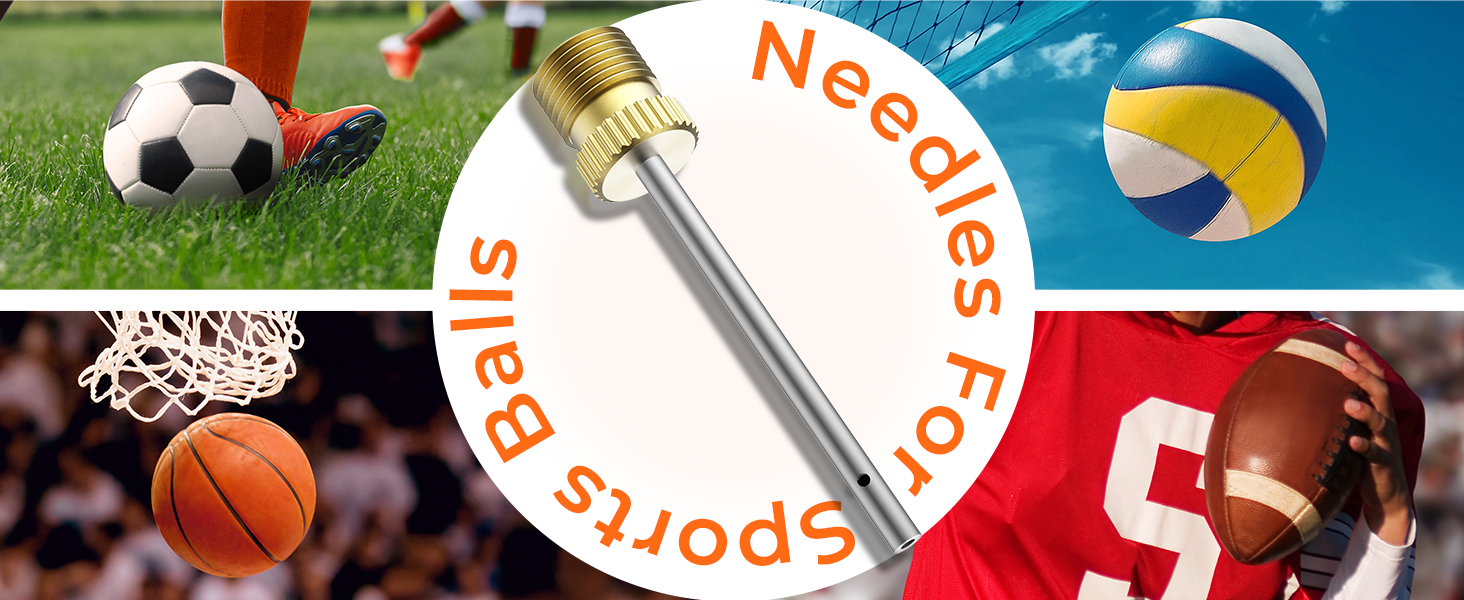 Collage showing ETENWOLF A102 ball needles suitable for soccer, basketball, volleyball, and American football.