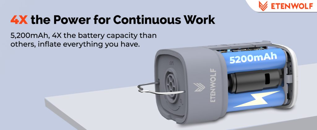 Internal structure of ETENWOLF AIR 5 showing 5200mAh high-capacity rechargeable lithium battery