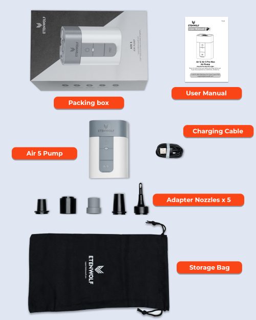 Complete Accessories and Premium Packaging Full packing list of ETENWOLF AIR 5 including the box, manual, nozzles, cable, and branded storage bag