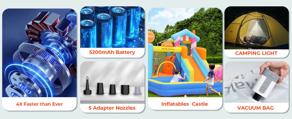 Overview of ETENWOLF AIR 5 features: high-speed motor, 5200mAh battery, 5 adapter nozzles, camping light, and vacuum function.
