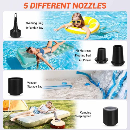 5 different nozzles for ETENWOLF AIR 2 PRO showing use cases for swim rings, air mattresses, vacuum bags, and sleeping pads.