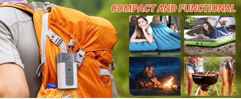 ETENWOLF AIR 2 PRO hanging on a hiking backpack, showcasing uses for car air beds, camping, and outdoor BBQ.