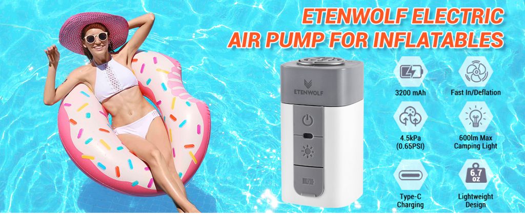 ETENWOLF AIR 2 PRO electric air pump with pool lifestyle background, featuring 3200mAh, 4.5kPa, and 600LM light.