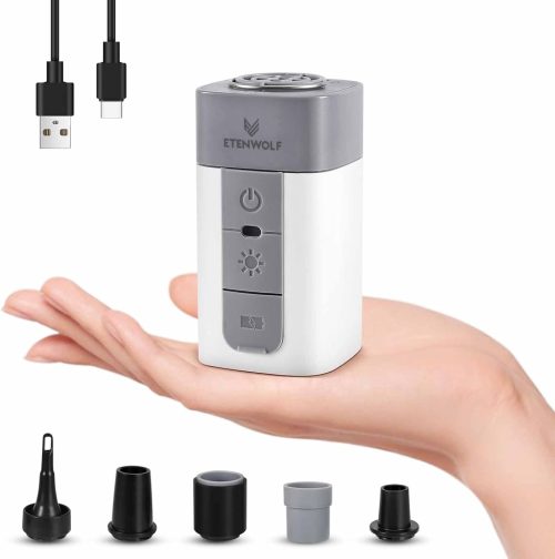 ETENWOLF AIR 2 PRO professional portable air pump, white handheld design, includes 5 nozzles.
