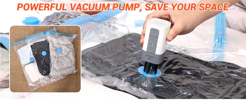 Using ETENWOLF AIR 2 PRO as a vacuum pump for storage bags, demonstrating space-saving results.