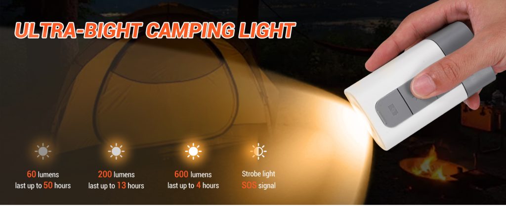 ETENWOLF AIR 2 PRO camping light illuminating a tent at night, showing 600LM brightness and SOS signal.
