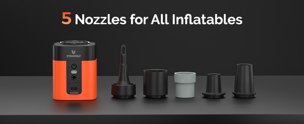 ETENWOLF Air 3 orange mini electric air pump standing next to 5 different multi-use inflation nozzles