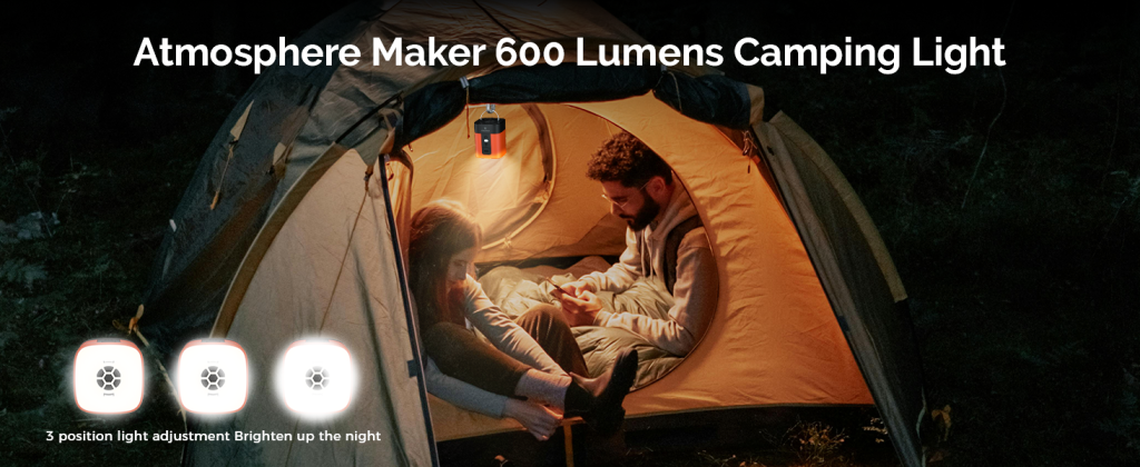 ETENWOLF Air 3 electric pump used as a hanging tent camping lantern, showing its 600 lumens brightness and 3 adjustable light modes