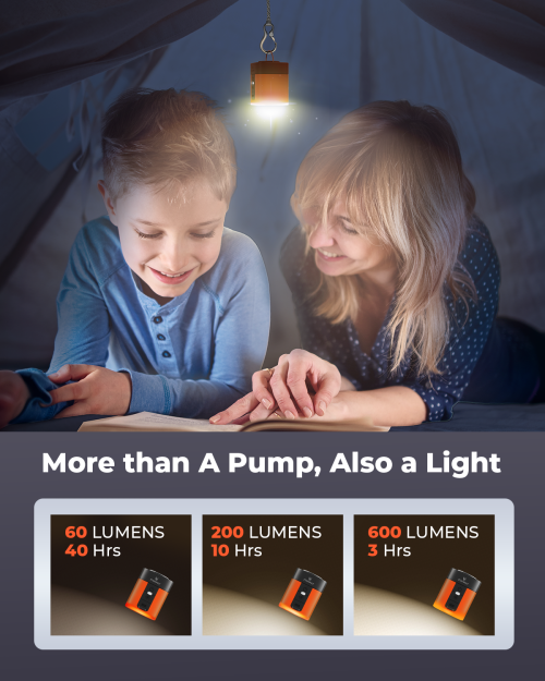 ETENWOLF Air 3 Air Mattress Pump with 600 Lumens Camping Light ETENWOLF Air 3 orange pump hanging in a tent as a camping lantern while a mother and son read a book under the 3-mode adjustable light