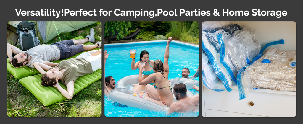 Three lifestyle scenes featuring ETENWOLF Air 3 uses: camping on mats, pool float party, and home vacuum storage bag compression