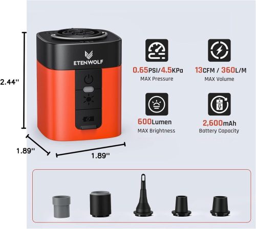 ETENWOLF Air 3 Size & Specs: Pocket-Sized Mini Air Pump ETENWOLF Air 3 orange pump showing 1.89 by 2.44 inches dimensions, 0.65PSI pressure, 360L/min volume, 600Lumen light, and 5 nozzles