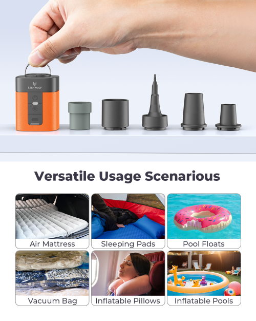 ETENWOLF Air 3 Pump Accessories: 5 Nozzles for Versatile Uses Hand picking up a tiny ETENWOLF Air 3 pump next to 5 different valve nozzles, with scenes showing air mattress, sleeping pad, and pool float uses