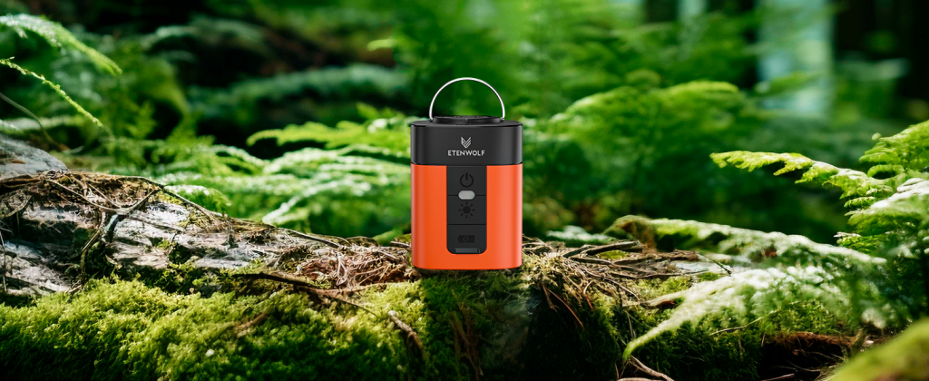ETENWOLF Air 3 orange mini electric air pump sitting on a mossy log inside a green forest scenery