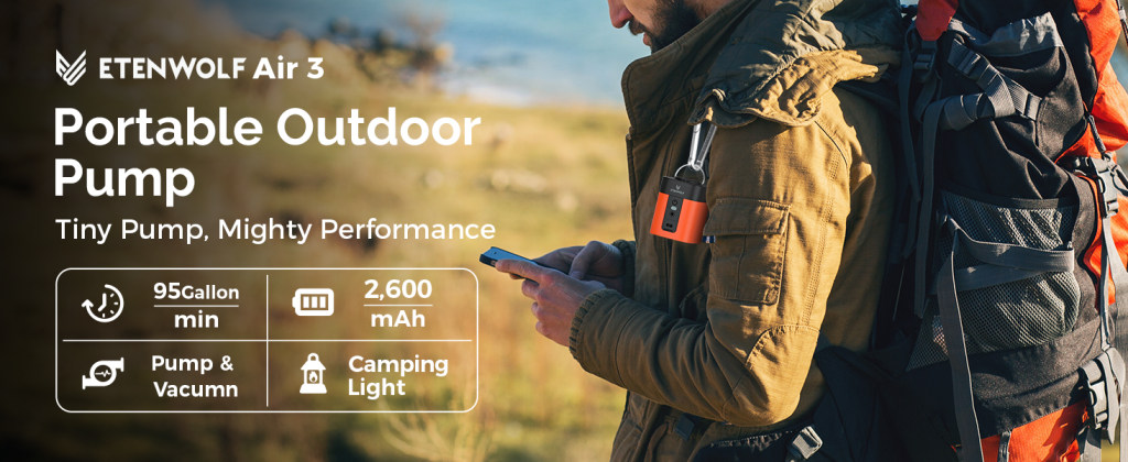 ETENWOLF Air 3 portable outdoor pump hanging on a backpack during hiking, showcasing 95 Gallon/min flow and 2600mAh battery features