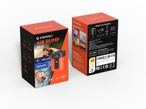ETENWOLF Air 3 Retail Packaging Box: Specifications & Logos ETENWOLF Air 3 retail box packaging design, showing the front and back layout with specifications and certification logos