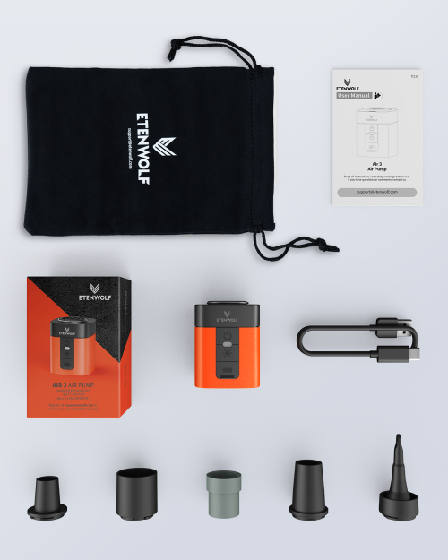 ETENWOLF Air 3 Unboxing: Full Package List & Accessories ETENWOLF Air 3 package contents including orange mini pump, retail box, black drawstring storage bag, user manual, USB-C cable, and 5 nozzles