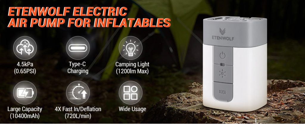 ETENWOLF Air5 Pro features: 4.5kPa pressure, 720L/min airflow, 10400mAh battery, 1200lm camping light, and Type-C fast charging.