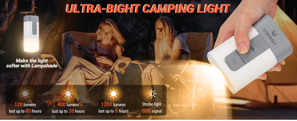 ETENWOLF Air5 Pro portable air pump with integrated 1200 lumen camping light, featuring three brightness modes and SOS signal for outdoor camping.