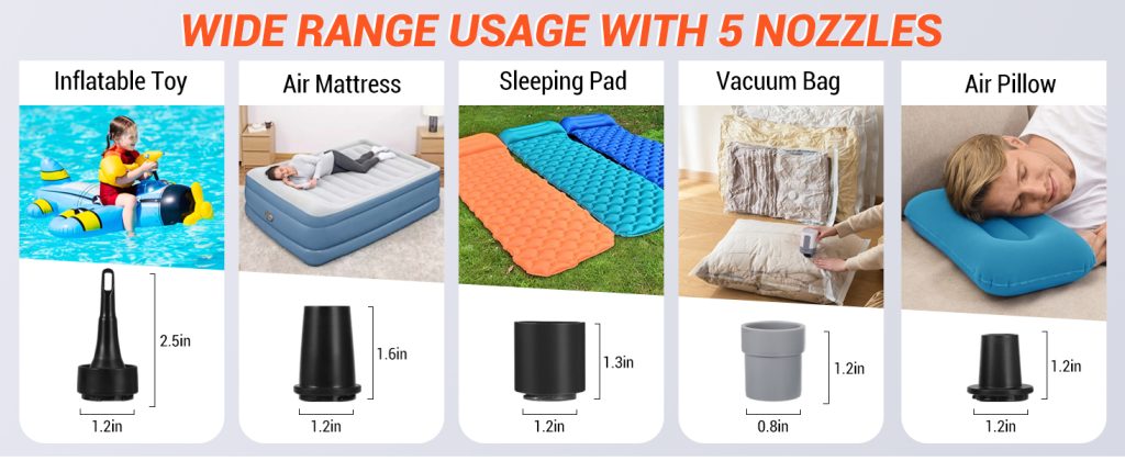 ETENWOLF Air5 Pro includes 5 specialized nozzles for inflatable toys, air mattresses, sleeping pads, vacuum storage bags, and air pillows.