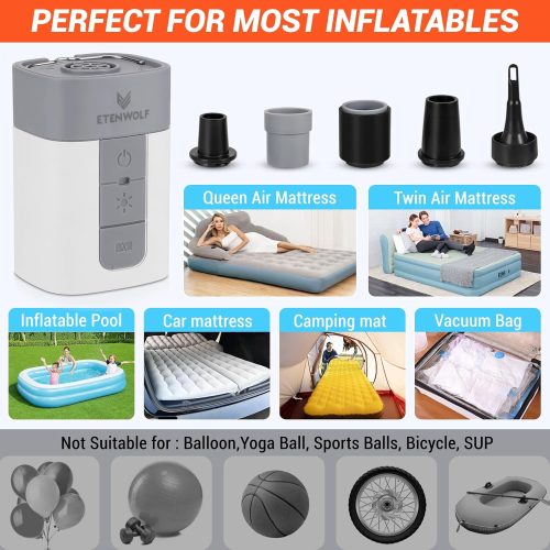 ETENWOLF Air5 Pro: One Pump for All Your Inflatables ETENWOLF Air5 Pro comes with 5 nozzles for air mattresses, pools, camping mats, and vacuum bags. Note: Not for balloons or tires.