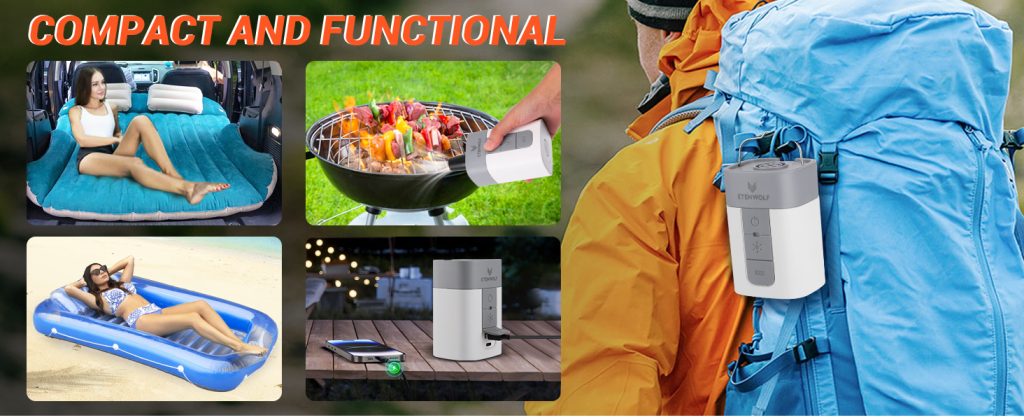 ETENWOLF Air5 Pro compact air pump used for car air mattresses, pool floats, charcoal grilling, and charging phones while backpacking.