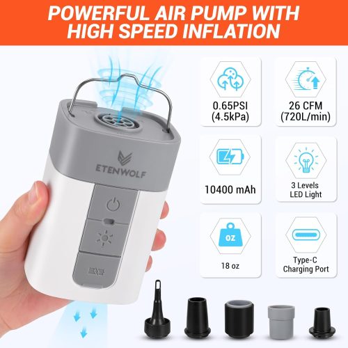 ETENWOLF Air5 Pro: Ultra-Fast High Volume Portable Air Pump ETENWOLF Air5 Pro portable air pump with 26 CFM high speed inflation, 10400mAh battery, and 1200 lumens camping light.