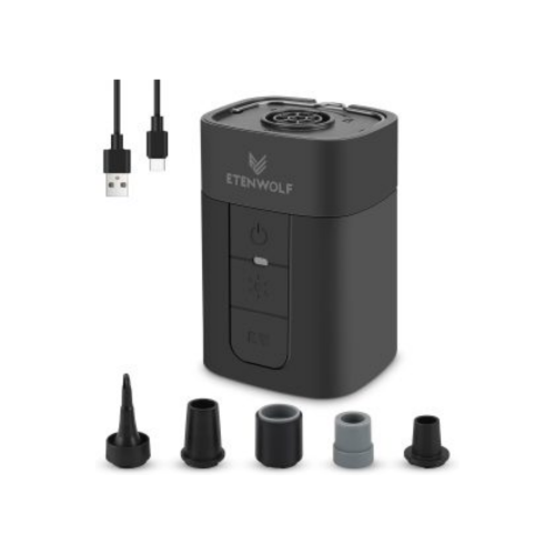 ETENWOLF Air5 Pro: Sleek Black Multi-Functional Air Pump ETENWOLF Air5 Pro portable air pump in black color, including 5 multi-functional nozzles and a Type-C charging cable.