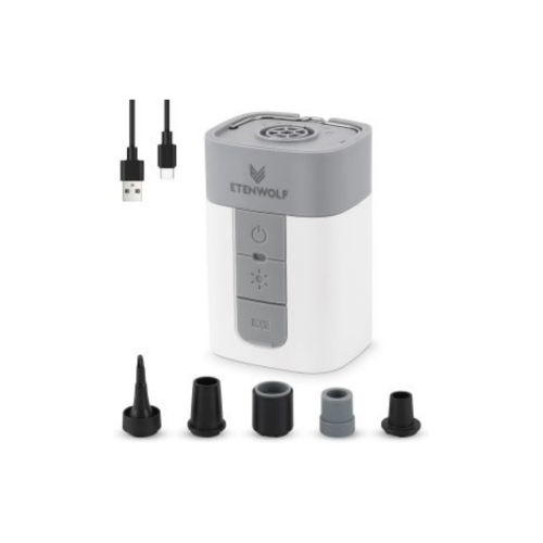 ETENWOLF Air5 Pro: Multi-Functional Portable Air Pump Se ETENWOLF Air5 Pro portable air pump main image featuring the compact device, USB-C charging cable, and 5 versatile nozzle adapters.