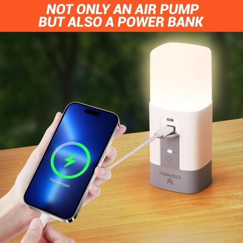 ETENWOLF Air5 Pro: 2-in-1 Air Pump and Emergency Power Bank ETENWOLF Air5 Pro acting as a 10400mAh portable power bank to charge a smartphone during outdoor activities.