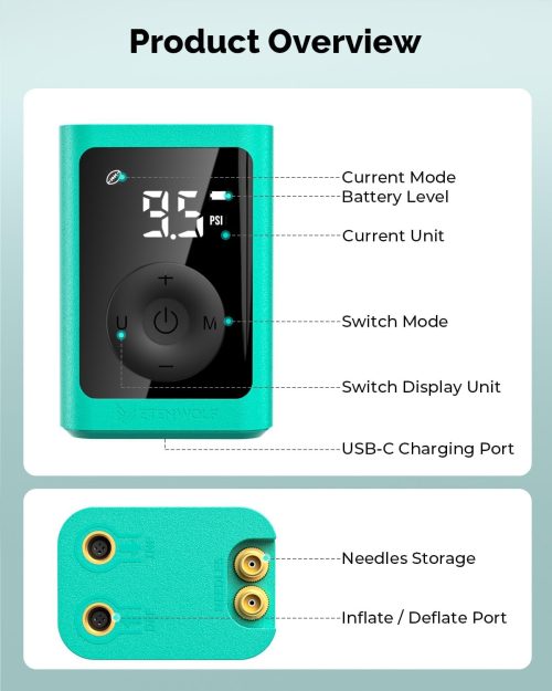 Detailed product overview of ETENWOLF smart ball pump showing LCD display, buttons, and needle storage Detailed product overview of ETENWOLF smart ball pump showing LCD display, buttons, and needle storage