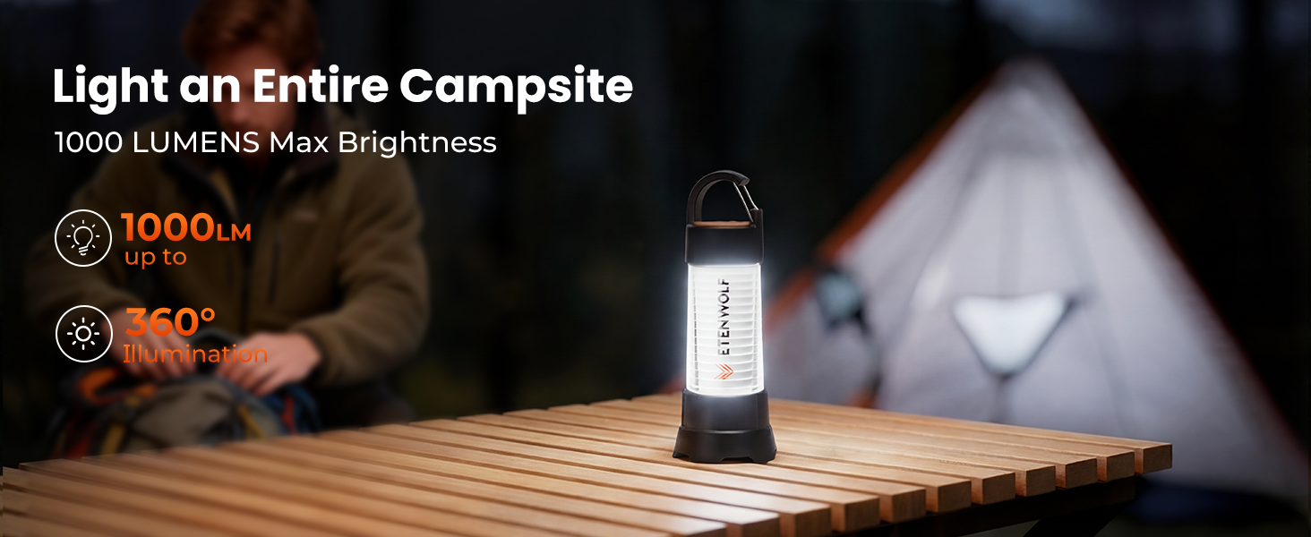 ETENWOLF CL5 LED Camping Lantern providing 1000 Lumens max brightness and 360-degree illumination on a camping table.