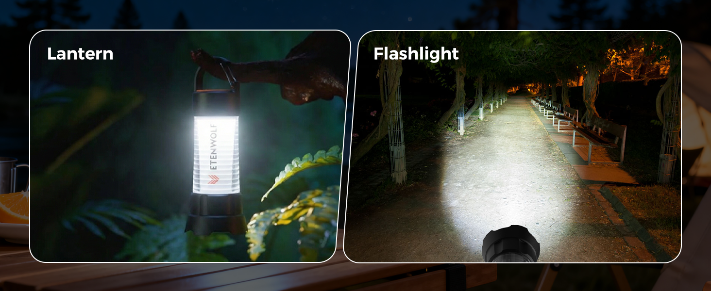 Side-by-side comparison of ETENWOLF CL5 in Lantern mode for ambient light and Flashlight mode for long-distance beam.
