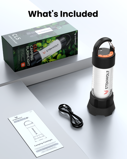 ETENWOLF CL5 What's Included in the Box ETENWOLF CL5 package contents including LED lantern, USB-C cable, user manual, and original box.