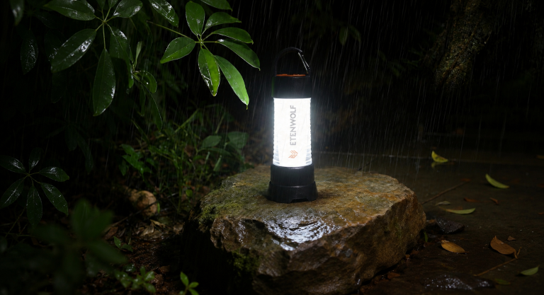 ETENWOLF CL5 camping lantern lighting on rock in rain