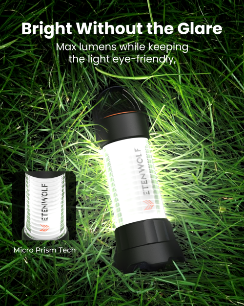 ETENWOLF CL5 Anti-Glare Micro Prism Technology ETENWOLF CL5 LED camping lantern with Micro Prism Tech for eye-friendly bright light without glare.