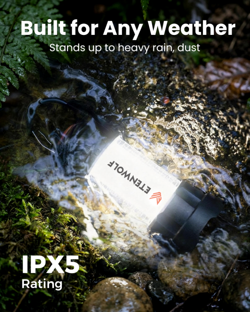 ETENWOLF CL5 IPX5 All-Weather Reliability ETENWOLF CL5 waterproof camping lantern with IPX5 rating standing up to heavy rain and water flow.