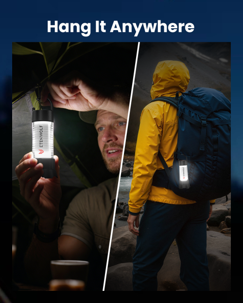 ETENWOLF CL5 Versatile Hanging Solutions ETENWOLF CL5 camping lantern hanging in a tent and attached to a backpack for hands-free outdoor lighting.