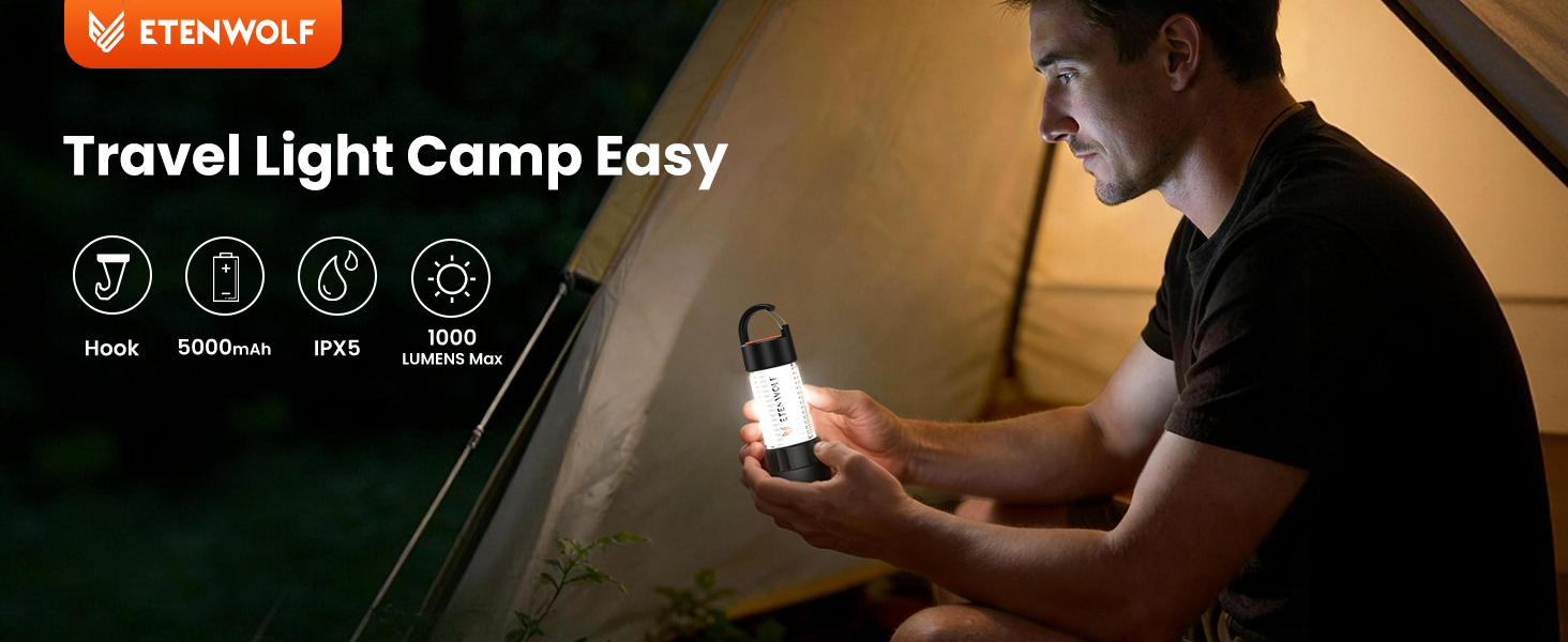 ETENWOLF CL5 rechargeable camping lantern banner featuring 1000 lumens, 5000mAh battery, IPX5 waterproof, and integrated hook.