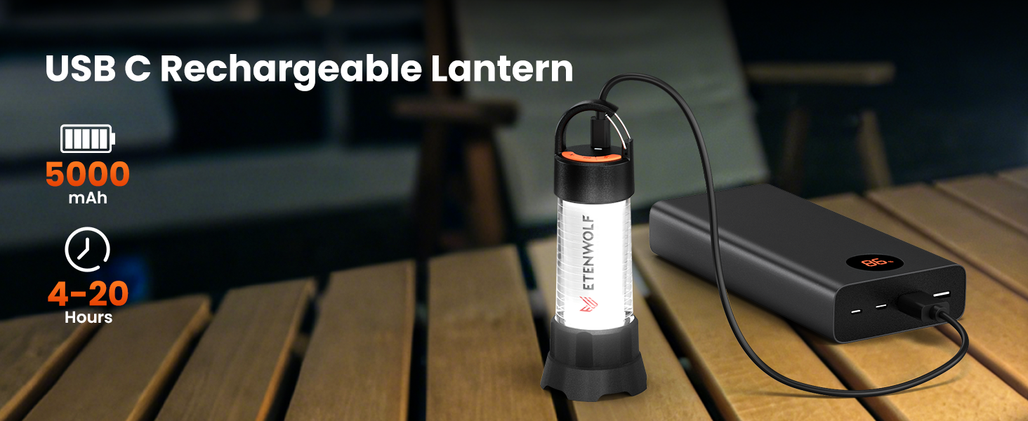 ETENWOLF CL5 USB C rechargeable camping lantern with 5000mAh battery providing 4 to 20 hours of runtime.