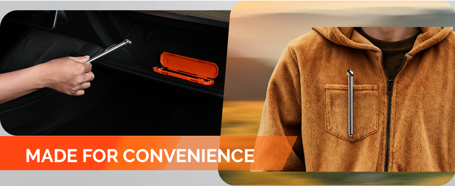 ETENWOLF G101 pencil tire gauge stored in car glove box and clipped to a jacket pocket