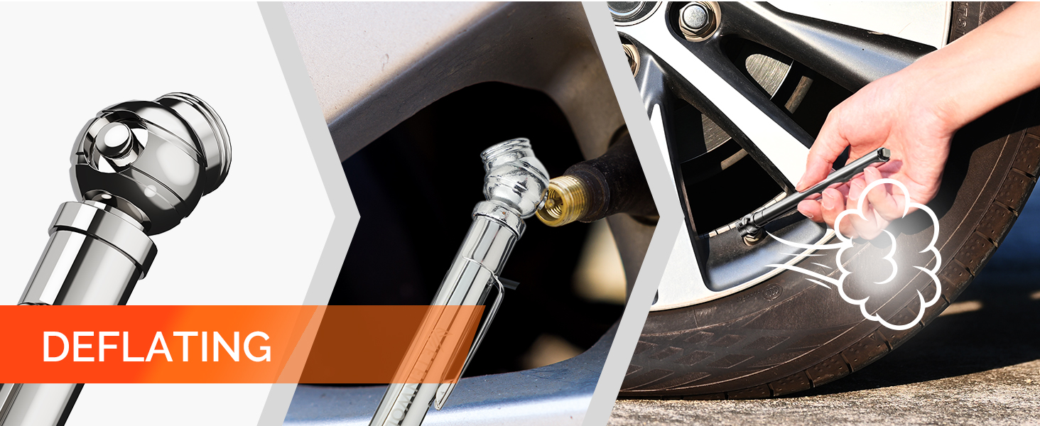 Action shot of ETENWOLF G101 pencil tire gauge deflating a car tire using the built-in valve.