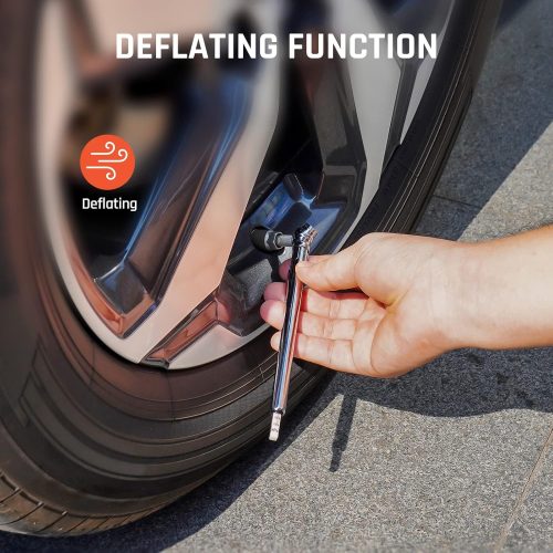 Using ETENWOLF G101 pencil tire gauge to deflate car tire pressure on the road.